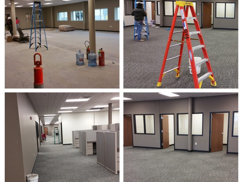 Cleaning crew vacuuming and detailing a newly built commercial space in Northern Virginia
