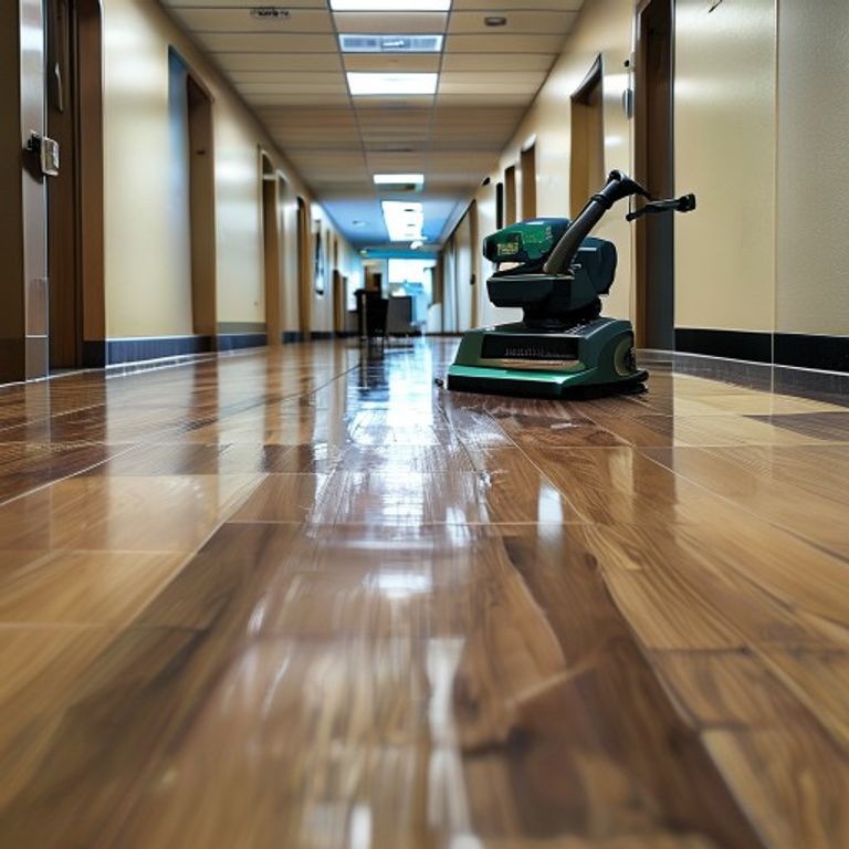 Floor maintenance machine polishing a commercial floor in a Tysons office