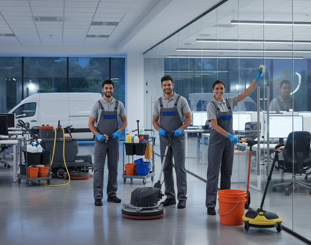 Janitorial team with cleaning equipment in a commercial building in Maryland